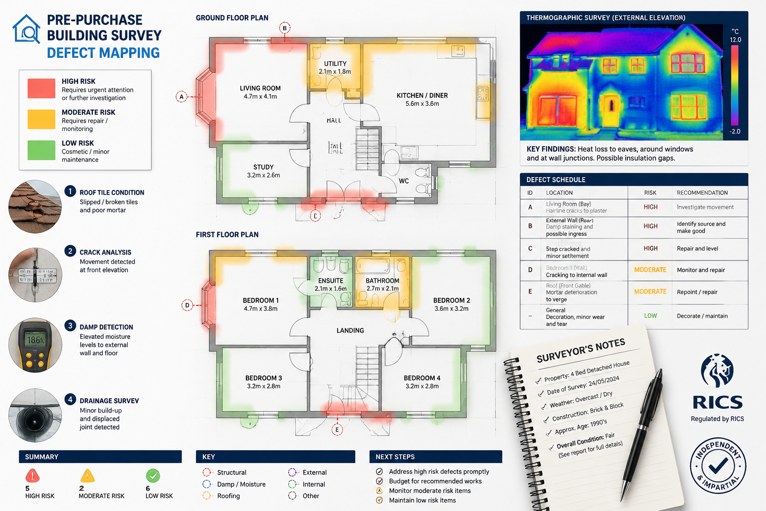 Aerial overhead flat-lay infographic-style image showing a large architectural floor plan of a two-storey house with