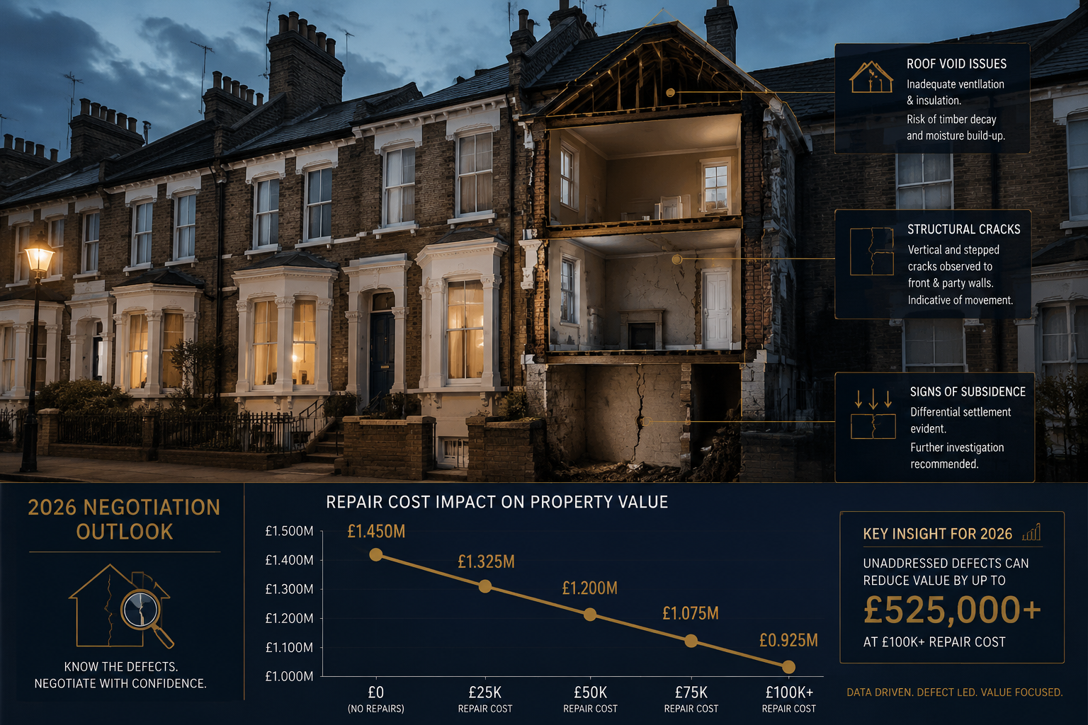 Close-up dramatic photograph of a row of London Victorian terraced houses at dusk, one property cross-sectioned in a graphic