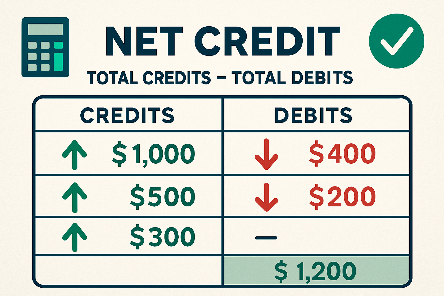 Detailed infographic illustration (1536x1024) showing the net credit formula 'Net Credit = Total Credits - Total Debits' in large bold text 