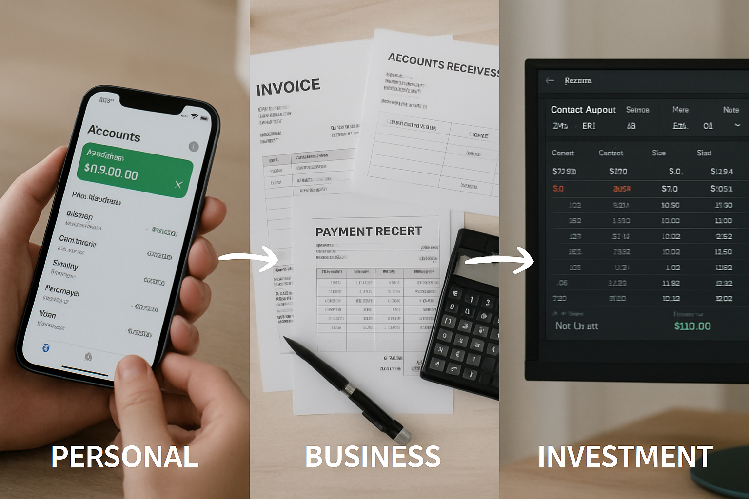 Landscape editorial image (1536x1024) displaying three distinct real-world net credit scenarios as side-by-side panels: left panel shows per