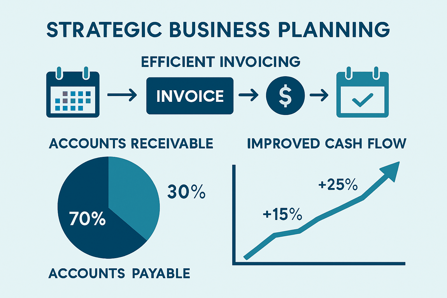 Strategic business planning visualization (1536x1024) showing optimization strategies for net credit management: top section displays timeli