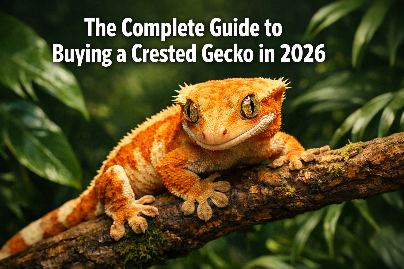 Professional landscape format (1536x1024) hero image featuring bold text overlay 'The Complete Guide to Buying a Crested Gecko in 2026' in e