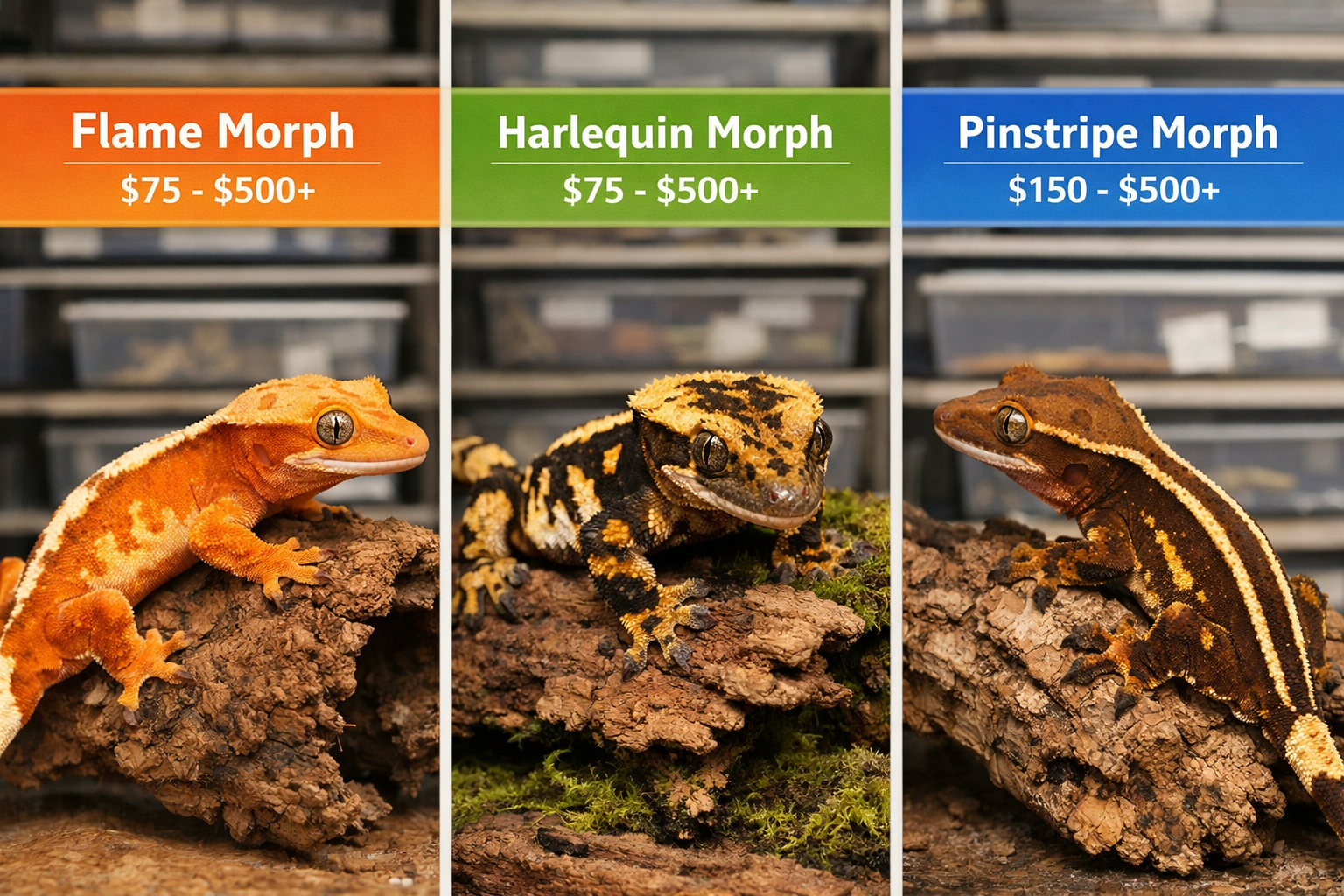 Landscape format (1536x1024) image showing comparison of three crested gecko morphs side by side: flame morph with orange base, harlequin wi