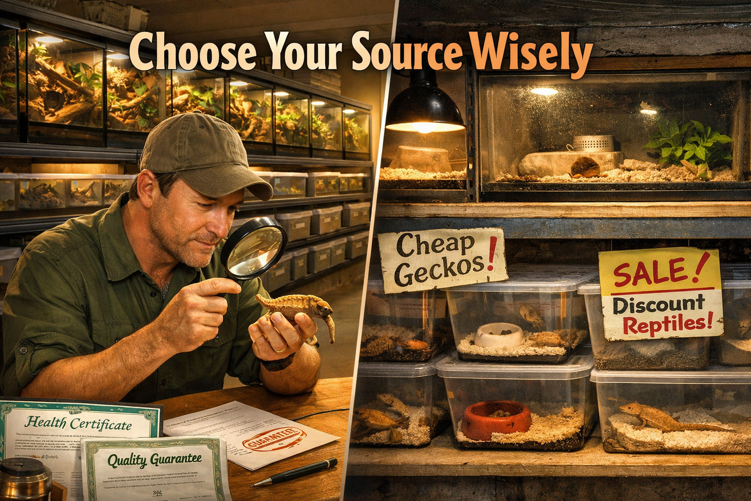 Landscape format (1536x1024) image depicting professional reptile breeder facility with rows of well-maintained crested gecko enclosures, br