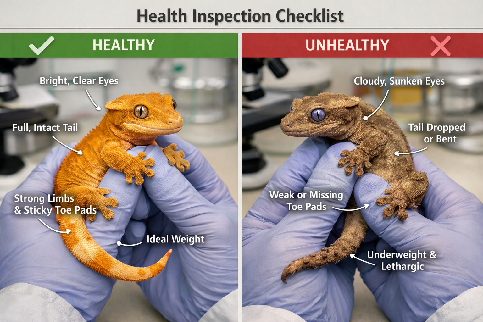 Landscape format (1536x1024) image showing healthy crested gecko being gently examined, close-up of clear eyes, full tail, healthy toes with