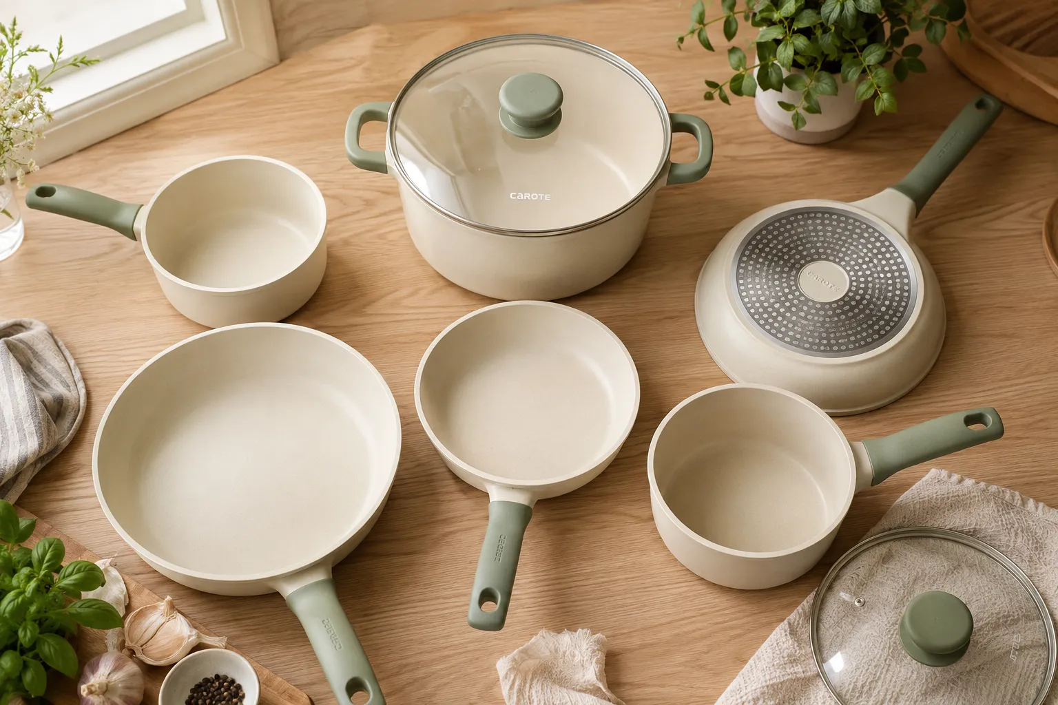 Editorial landscape photography (1536x1024) showing a top-down overhead flat-lay of a complete ceramic nonstick cookware set laid out on a light wood kitchen surface, individual pieces fanned out to show the full collection including frying pans, saucepans, a stockpot, and a glass lid, soft natural daylight streaming from a window, warm cream and sage color palette, Pinterest-worthy composition, sharp product photography with shallow depth of field on the handles. Sensarte Ceramic Pan Set