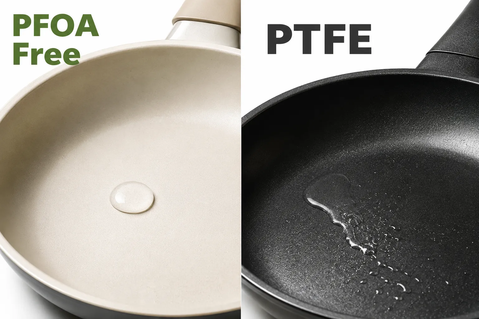 Split-screen editorial image (1536x1024): left half shows a close-up of a ceramic nonstick pan surface with a single water droplet beading on the smooth coating under bright studio light, label 'PFOA Free' in 3 bold words; right half shows a competing PTFE-coated dark pan surface under identical lighting for visual contrast. High-contrast magazine composition, clean white background on both sides, professional product photography style, crisp shadows, no tables or grids. Sensarte Ceramic Pan Set Reviews and Ratings