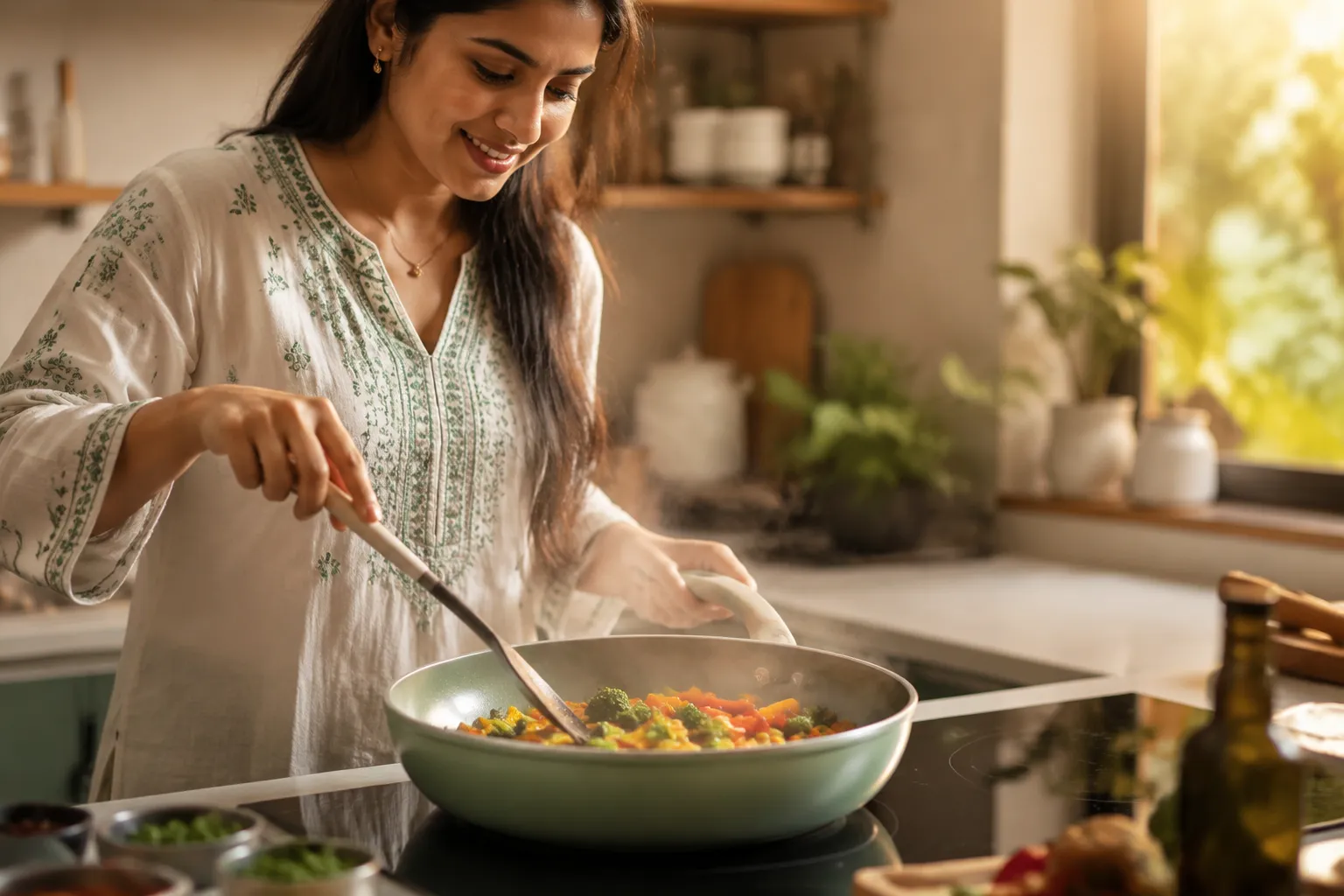 Cinematic editorial photograph (1536x1024) of a young South Asian woman cooking in a bright modern kitchen, using a sage-green ceramic nonstick frying pan on an induction cooktop, vegetables sizzling with light steam, warm golden-hour light from a nearby window, shallow depth of field focused on the pan, lifestyle cooking photography style, natural and inviting atmosphere, rich warm tones, magazine-quality composition with the pan as the clear hero element. Sensarte Shop Collections and Sustainability Commitments