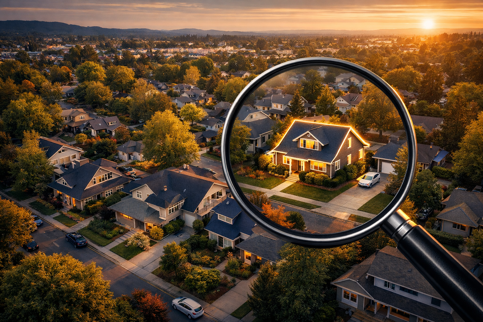 Wide aerial perspective of a charming residential neighborhood with single-family rental homes on tree-lined streets, a