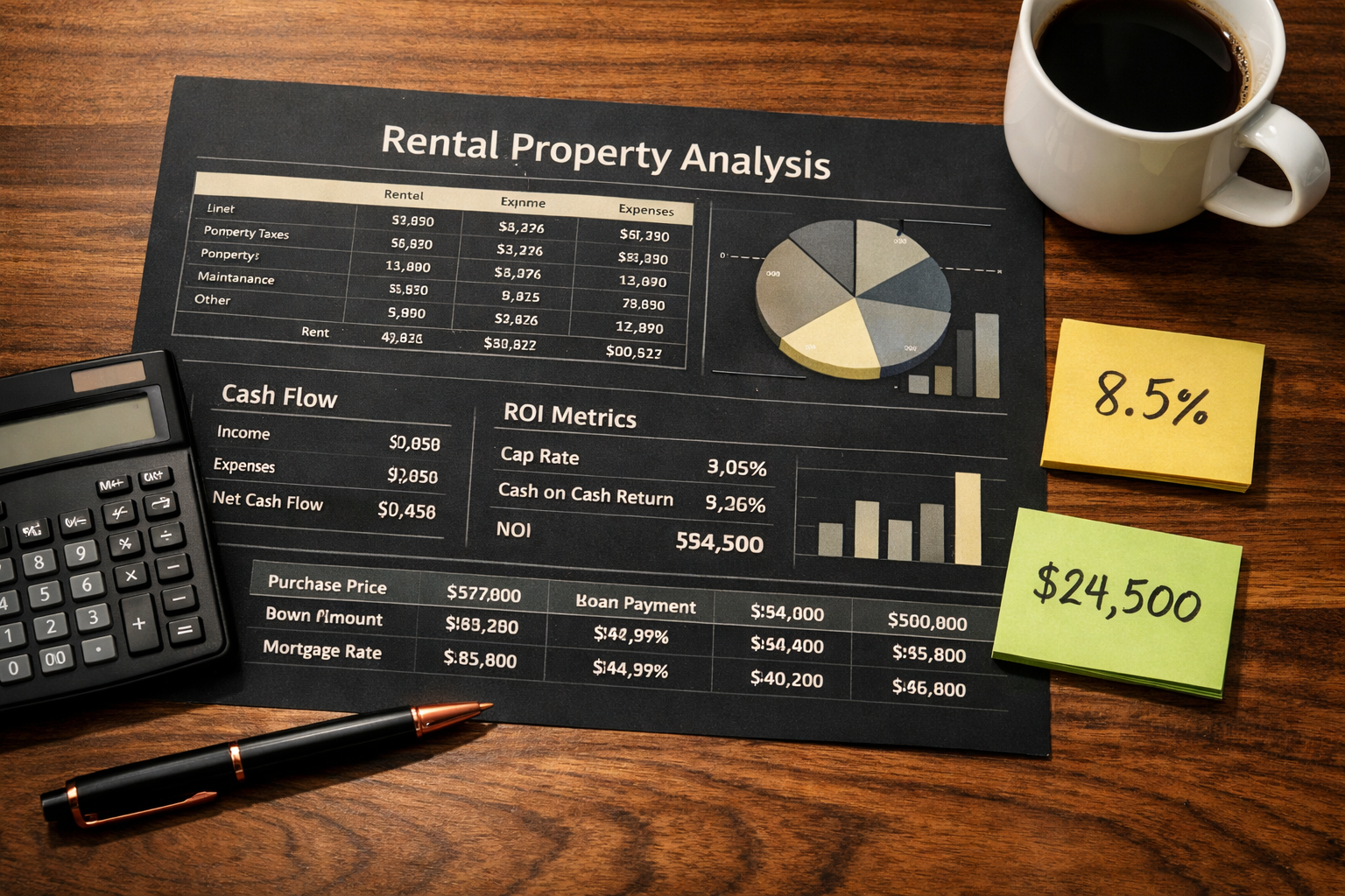 Close-up flat-lay of a rental property analysis spreadsheet on a wooden desk with a pen, small calculator, coffee cup, and
