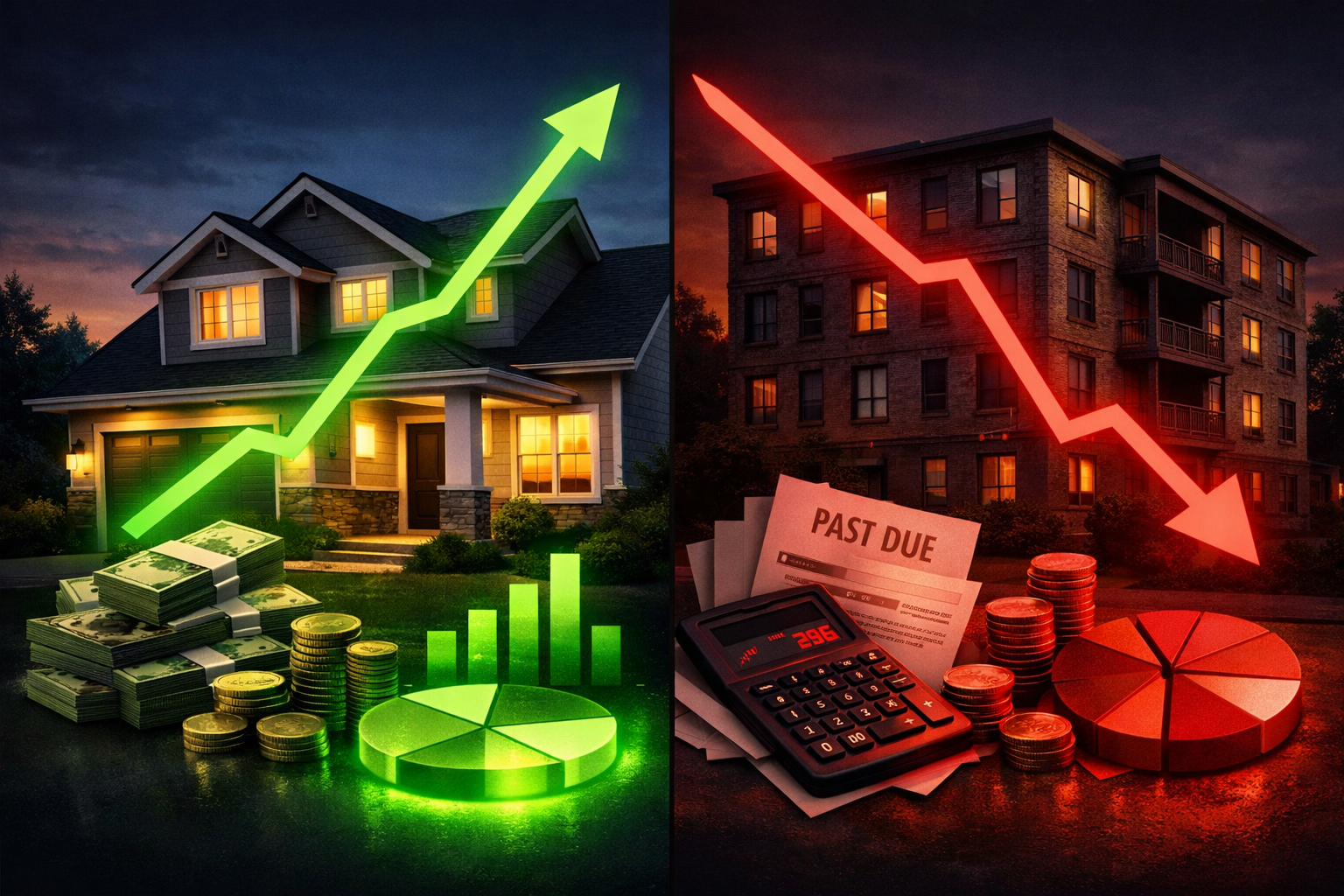 Split-scene composition showing two rental properties side by side &mdash; one with a green positive cash flow indicator glow and