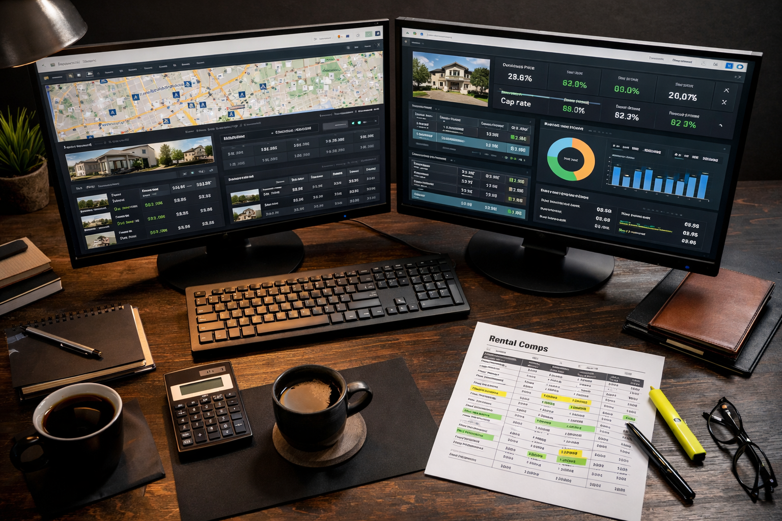 Dynamic overhead shot of a real estate investor's workstation with multiple browser tabs open showing PropStream, DealCheck,