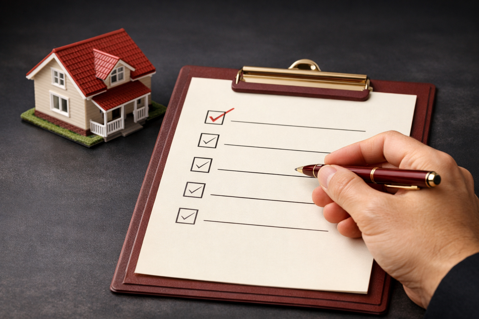 Step-by-step visual checklist concept shown as a clean clipboard with checkboxes being ticked off by a hand holding a pen, a