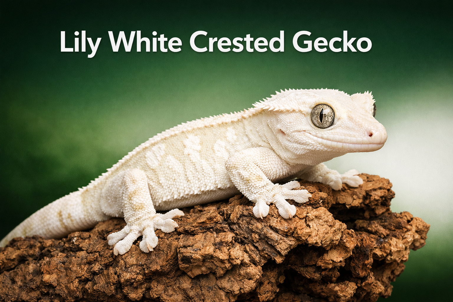 Professional landscape format (1536x1024) hero image featuring a stunning lily white crested gecko with pristine white coloration and subtle