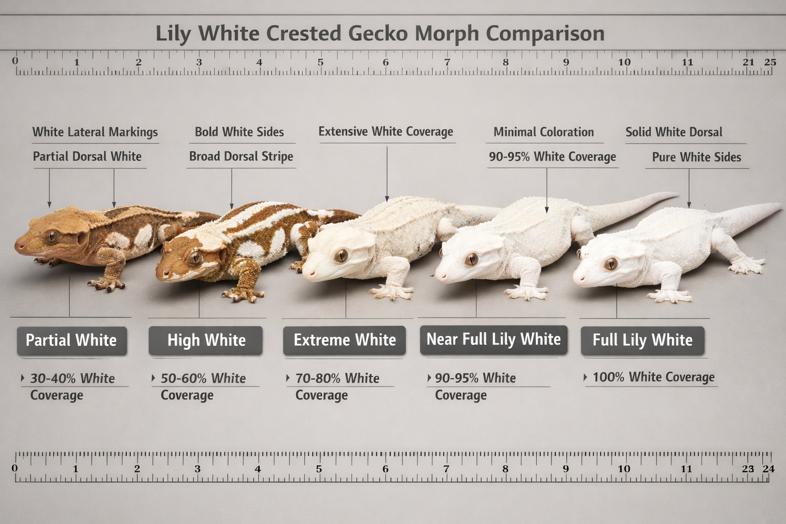 Detailed landscape format (1536x1024) image showing lily white crested gecko morphology comparison chart with multiple specimens displaying
