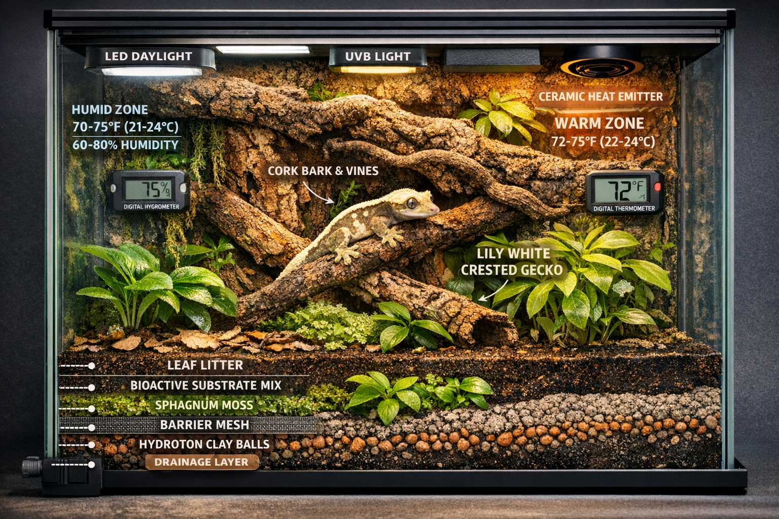 Comprehensive landscape format (1536x1024) terrarium setup visualization specifically designed for lily white crested geckos, featuring vert