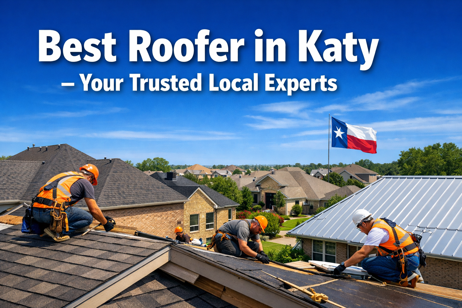Professional landscape hero image (1536x1024) featuring bold text overlay 'Best Roofer in Katy - Your Trusted Local Experts' in extra large 