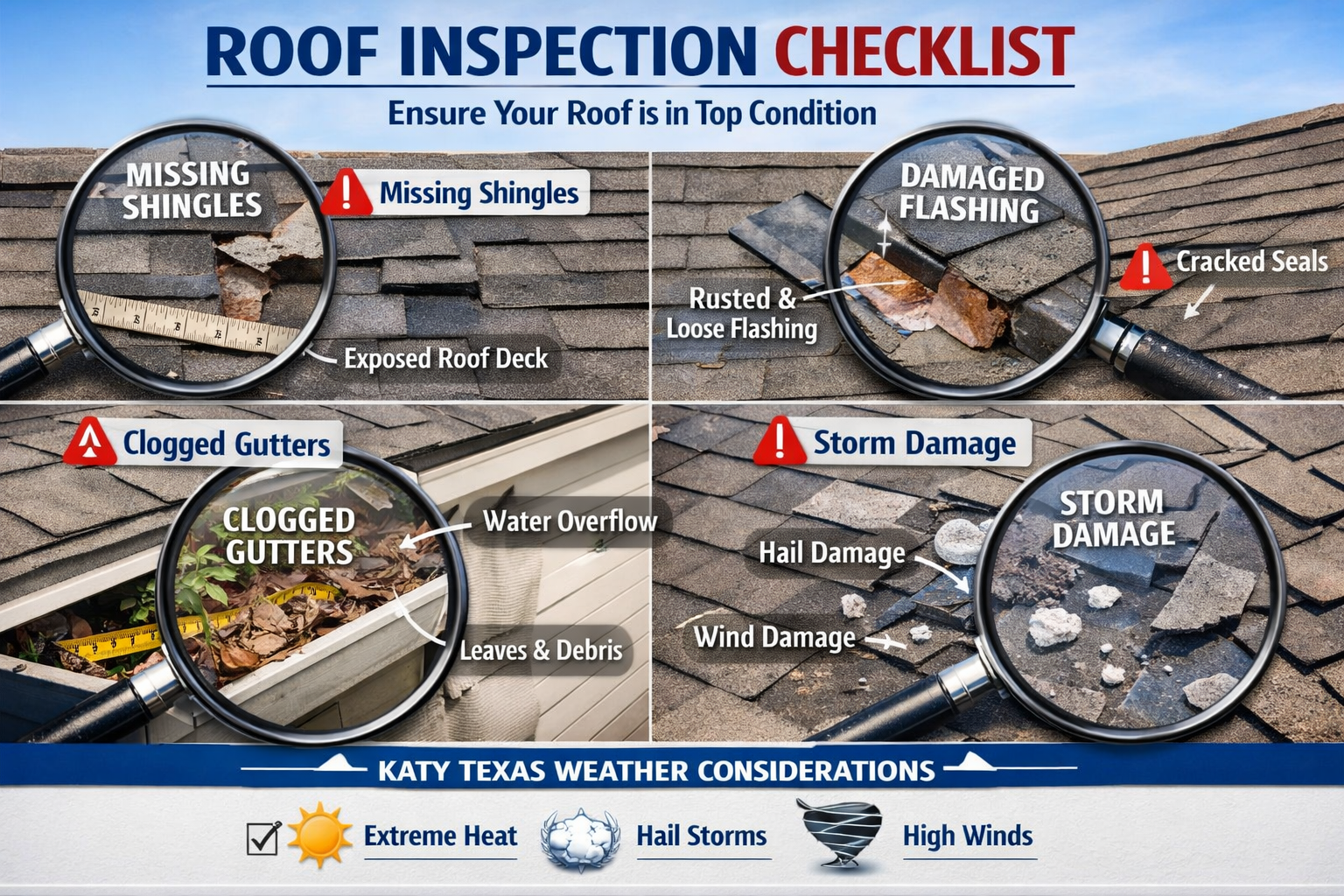 Detailed infographic showing roof inspection checklist with magnifying glass examining various roof components - missing shingles, damaged f