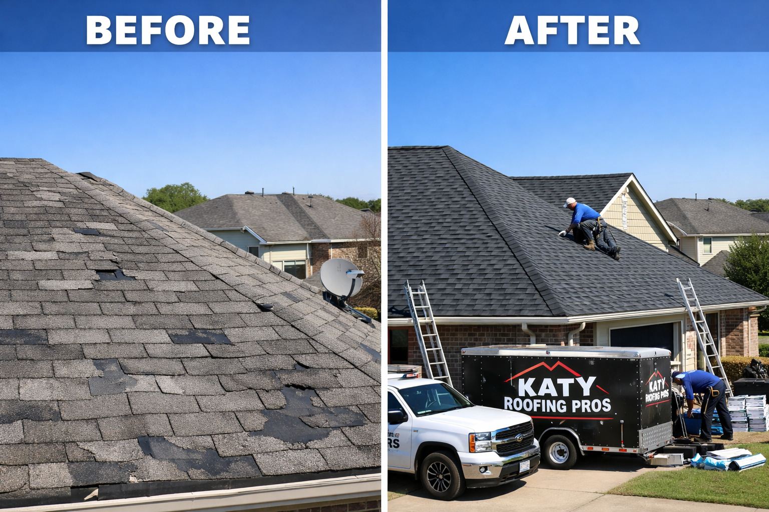 Split-screen comparison image showing before and after roof replacement project in Katy subdivision. Left side displays weathered, damaged a