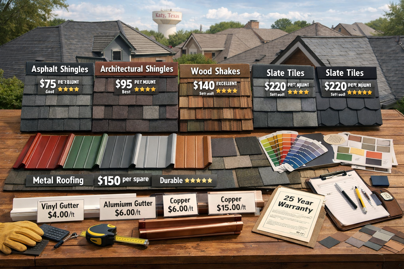 Comprehensive roofing materials display featuring various shingle types, metal roofing samples, and gutter systems arranged on wooden table.