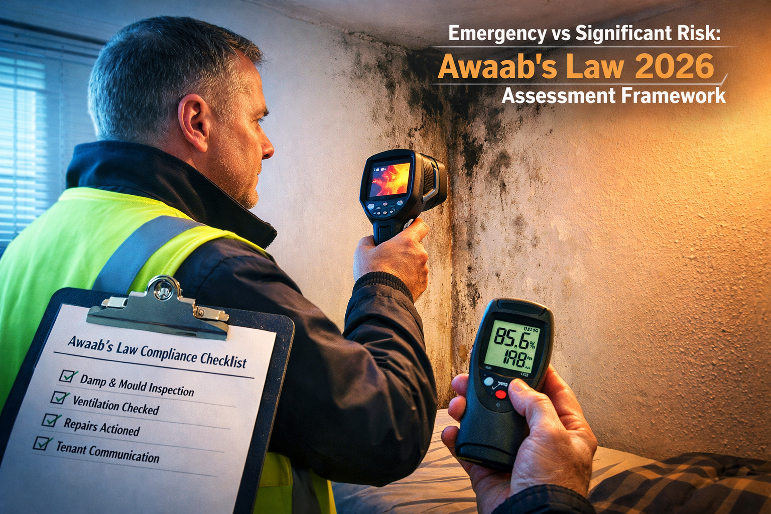 Wide-angle editorial photograph of a professional chartered building surveyor conducting a formal damp assessment inside a