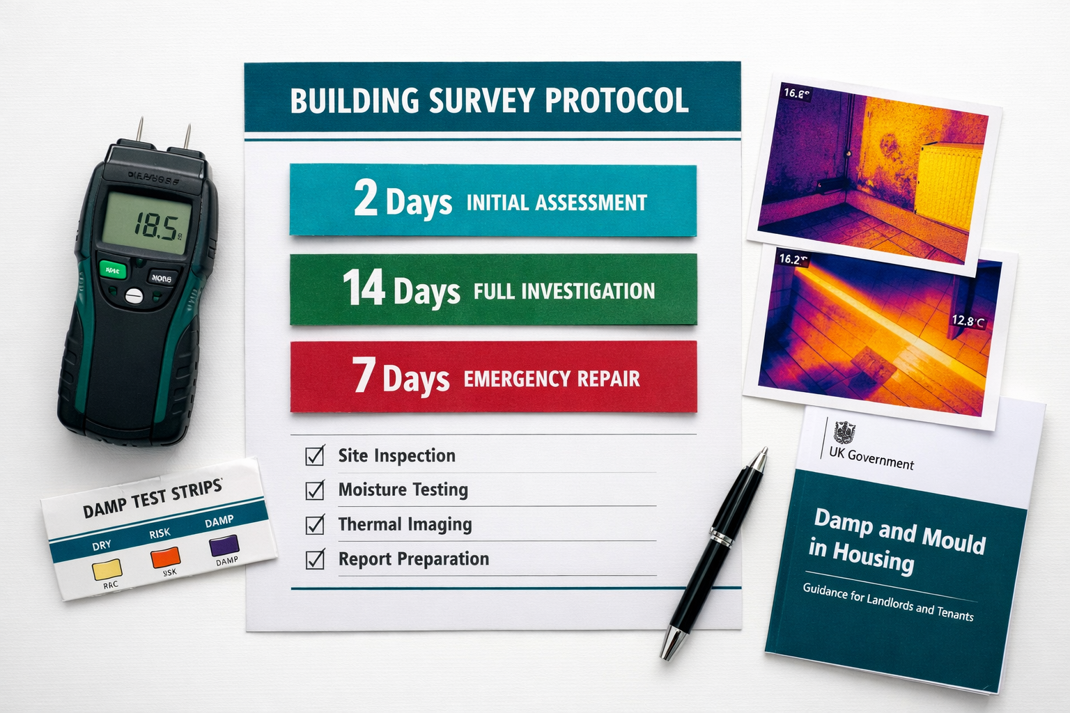 Overhead flat-lay infographic-style photograph on a clean white desk surface showing a structured building survey protocol