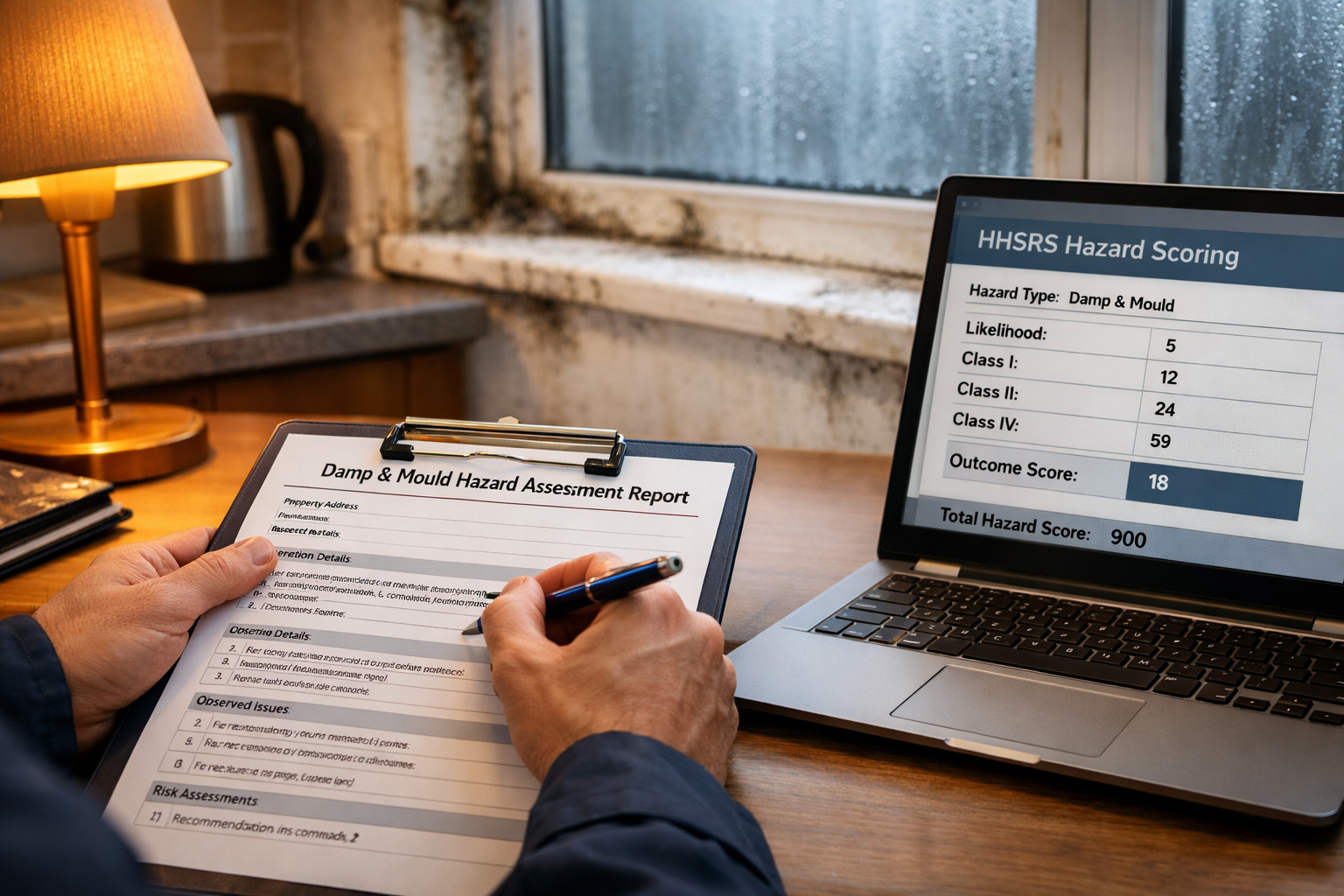 Close-up editorial photograph of a building surveyor's hands writing a formal damp and mould hazard report on a structured