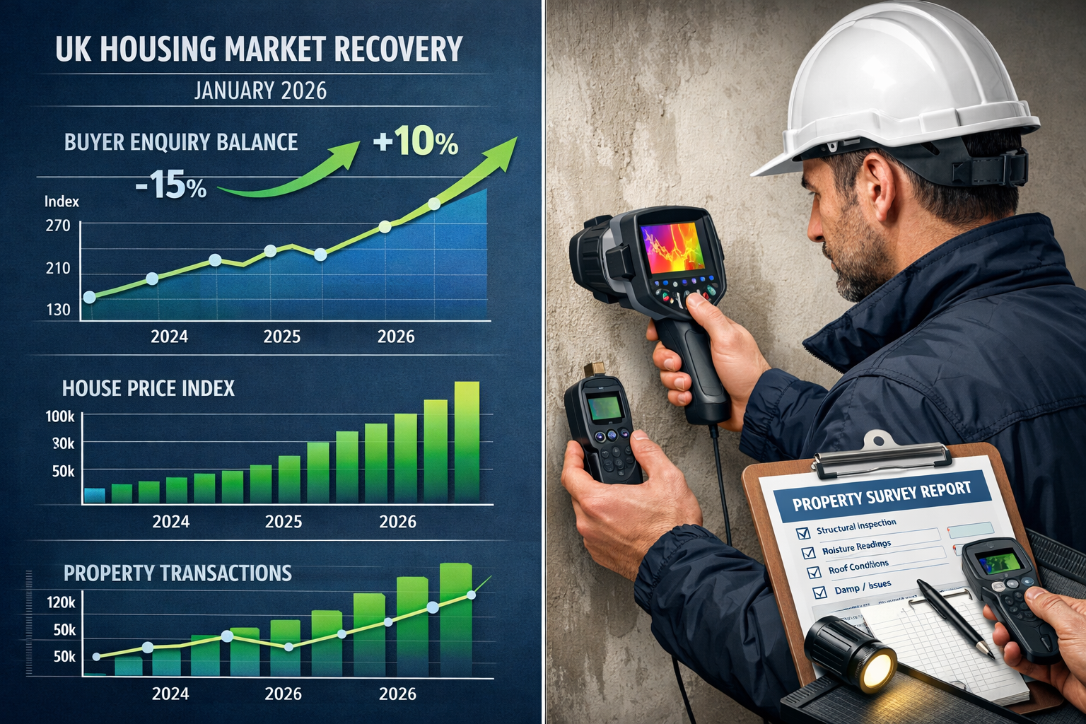 Landscape format (1536x1024) split-screen composition showing UK residential property market recovery indicators: left side displays January