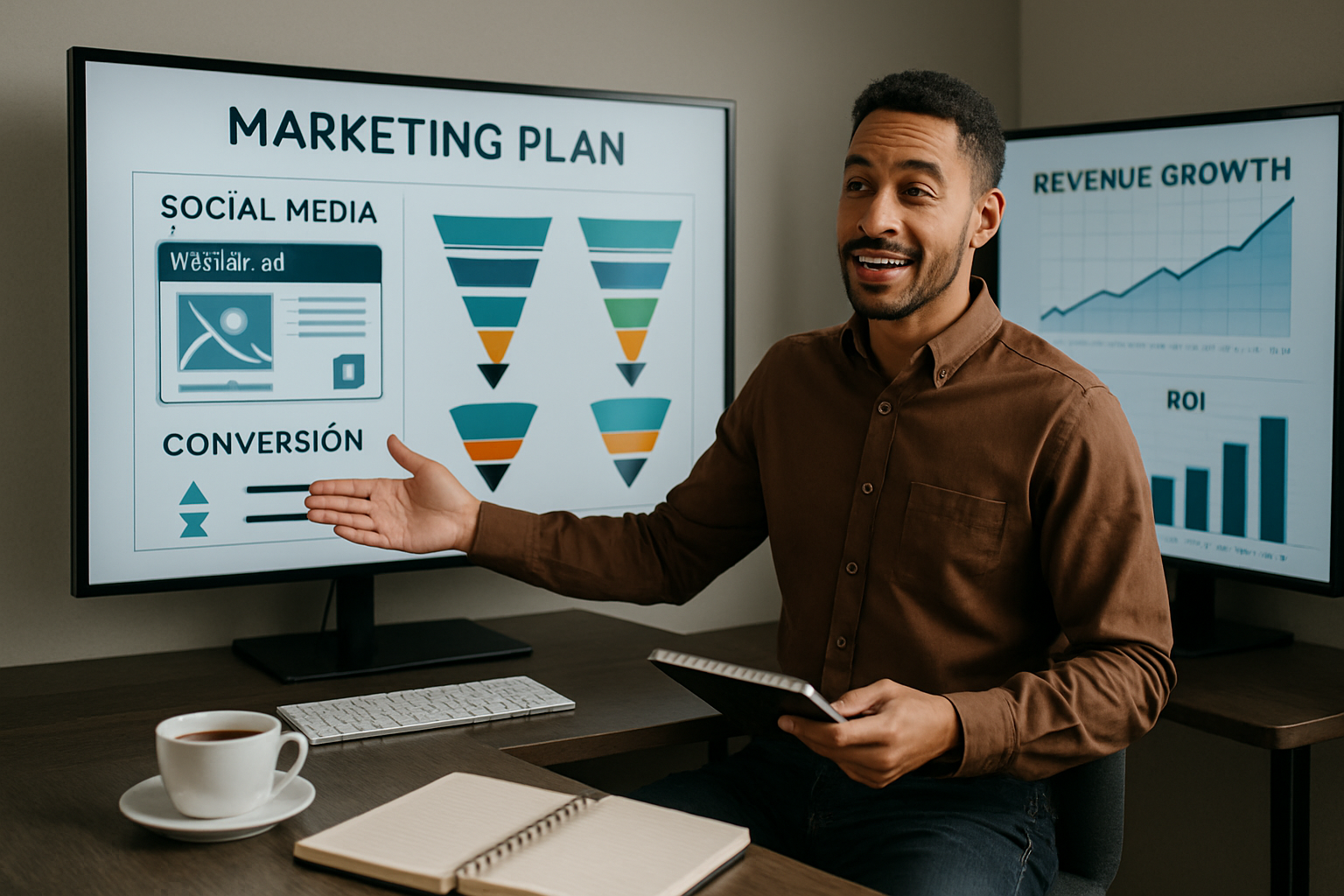 A dynamic, editorial-quality landscape image (1536x1024) showcasing the synergy between marketing strategies and financial acumen for online