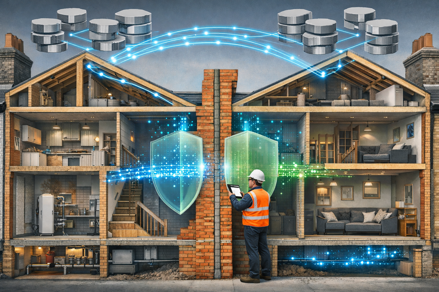 () editorial illustration showing detailed cutaway view of two adjacent London terraced houses with transparent walls