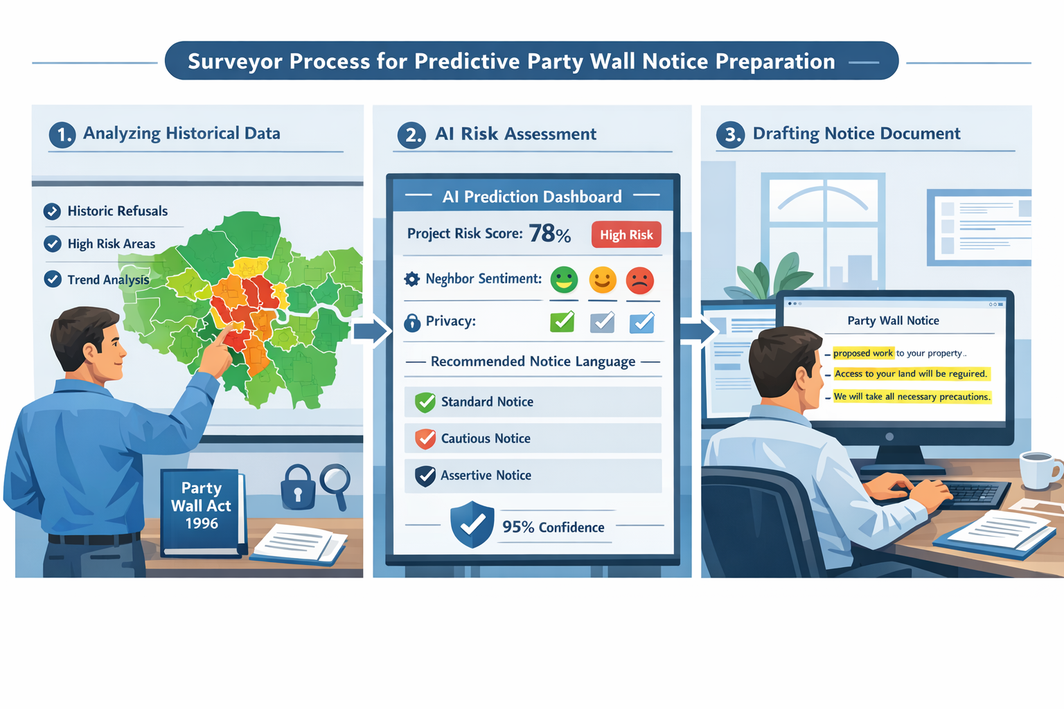 () detailed workflow diagram illustration showing three-stage surveyor process for predictive party wall notice preparation.