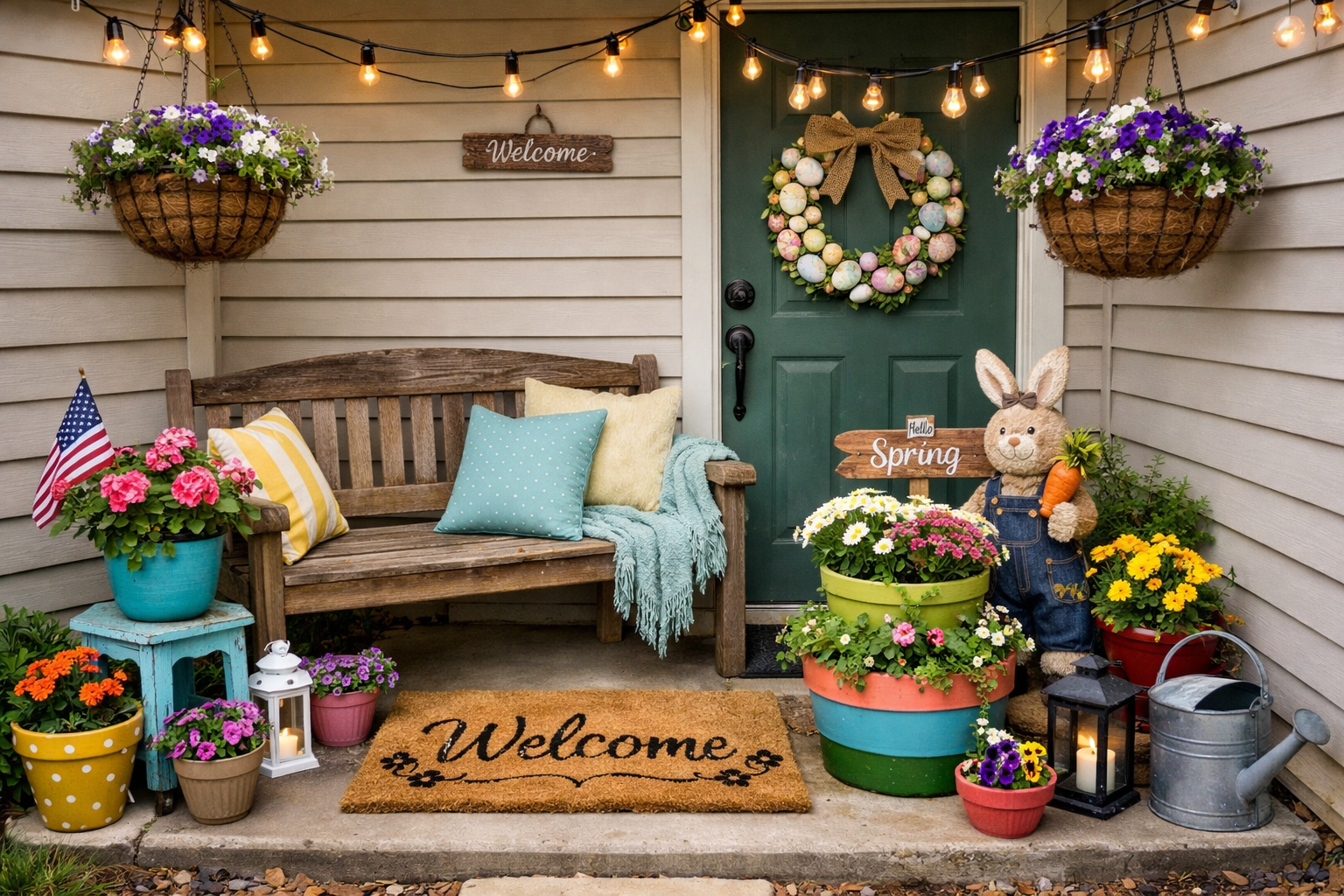 Beautiful small front porch decorated on a budget with colorful potted plants, string lights, vintage wooden bench, welcome mat, hanging bas