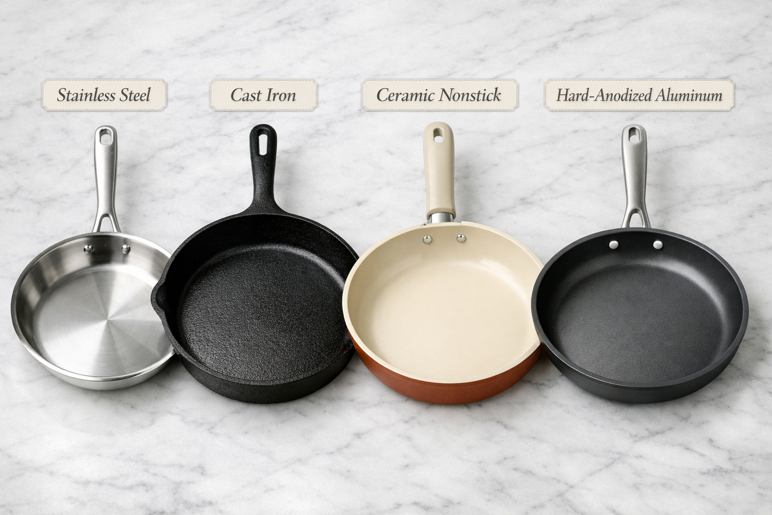 Detailed landscape format (1536x1024) editorial image showing a side-by-side comparison of four cookware material types: stainless steel, cast iron, ceramic nonstick, and hard-anodized aluminum pans arranged in a clean row on a white marble countertop. Each pan labeled with a small elegant tag. Professional kitchen studio lighting from above, sharp focus on pan surfaces showing texture differences. Color palette: silver, black, cream, terracotta. Educational infographic aesthetic, cookware buying guide visual.