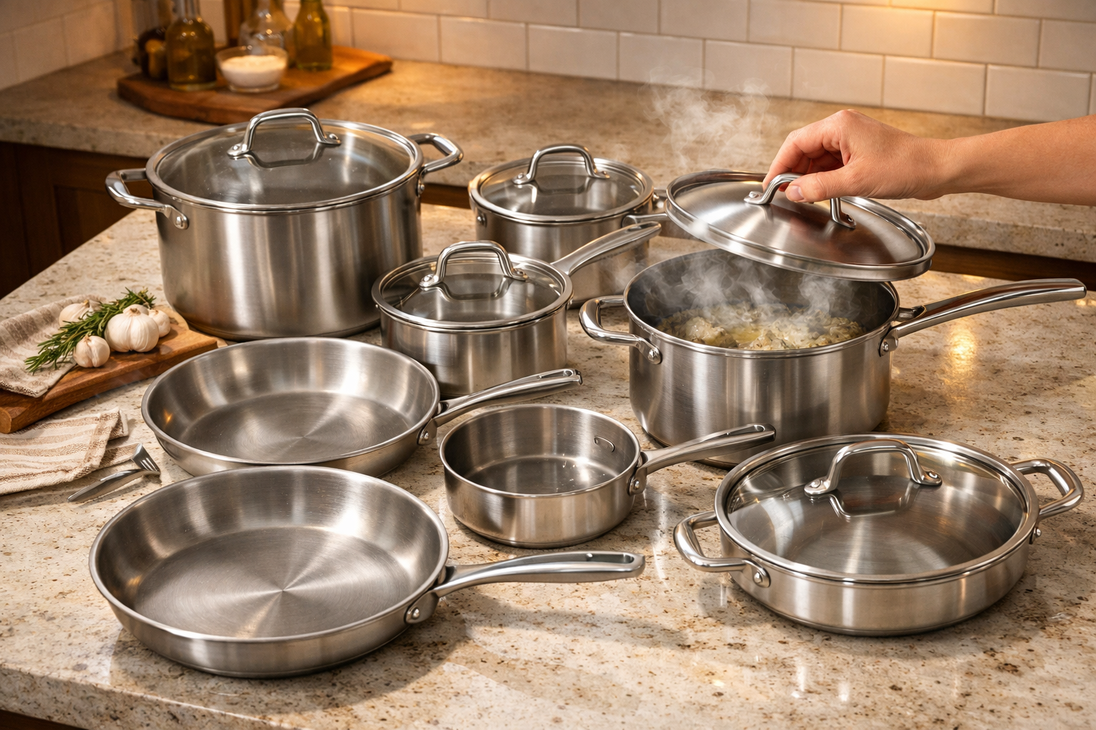 Detailed landscape format (1536x1024) image showing a close-up overhead view of a 10-piece cookware set laid out on a large kitchen island, including lids, a stockpot, two skillets, saucepans, and a sauté pan. A hand reaches in to lift a stainless steel lid, revealing steam rising from a simmering pot. Warm ambient kitchen lighting, modern kitchen background with subway tile. Color scheme: brushed silver, warm white, soft amber. Lifestyle cooking photography style, realistic and inviting.