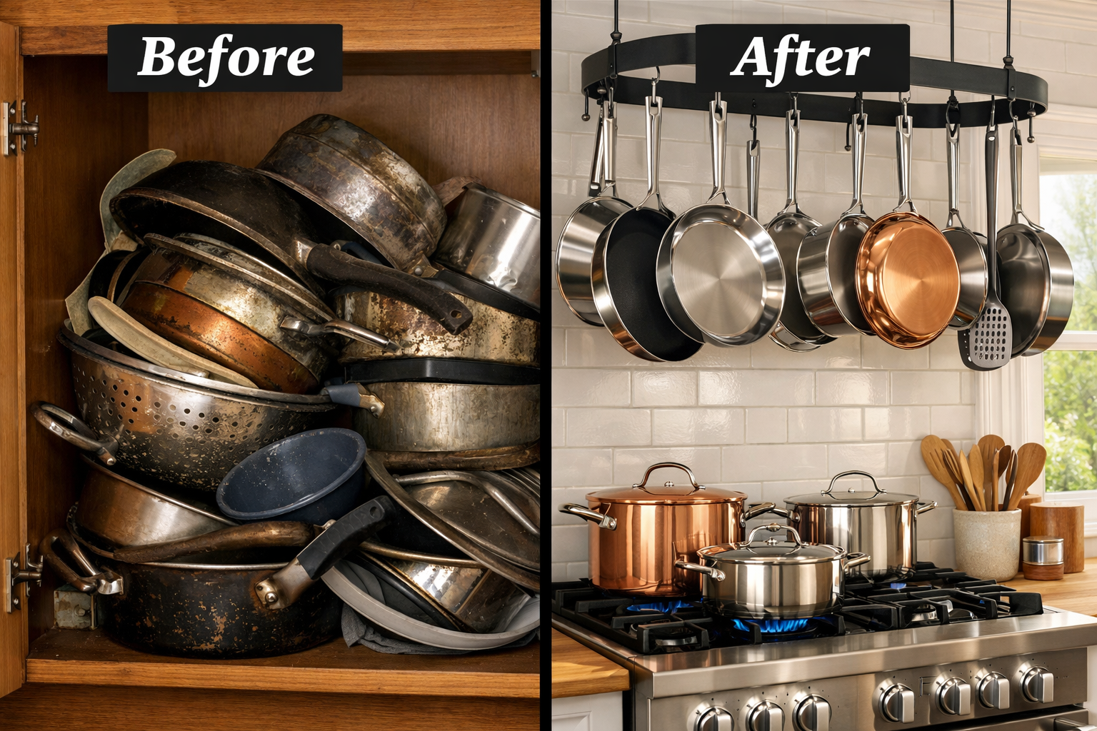 Detailed landscape format (1536x1024) image depicting a split-scene comparison: left side shows a cluttered kitchen cabinet with mismatched, worn pots and pans stacked haphazardly; right side shows a neatly organized set of matching premium cookware hanging on a pot rack above a gas stove with copper and stainless steel pieces gleaming. Bold dividing line down center. Text label overlays: 'Before' and 'After'. Bright, clean kitchen aesthetic, natural daylight from window. Color palette: warm wood tones, silver, white. Practical home organization visual.