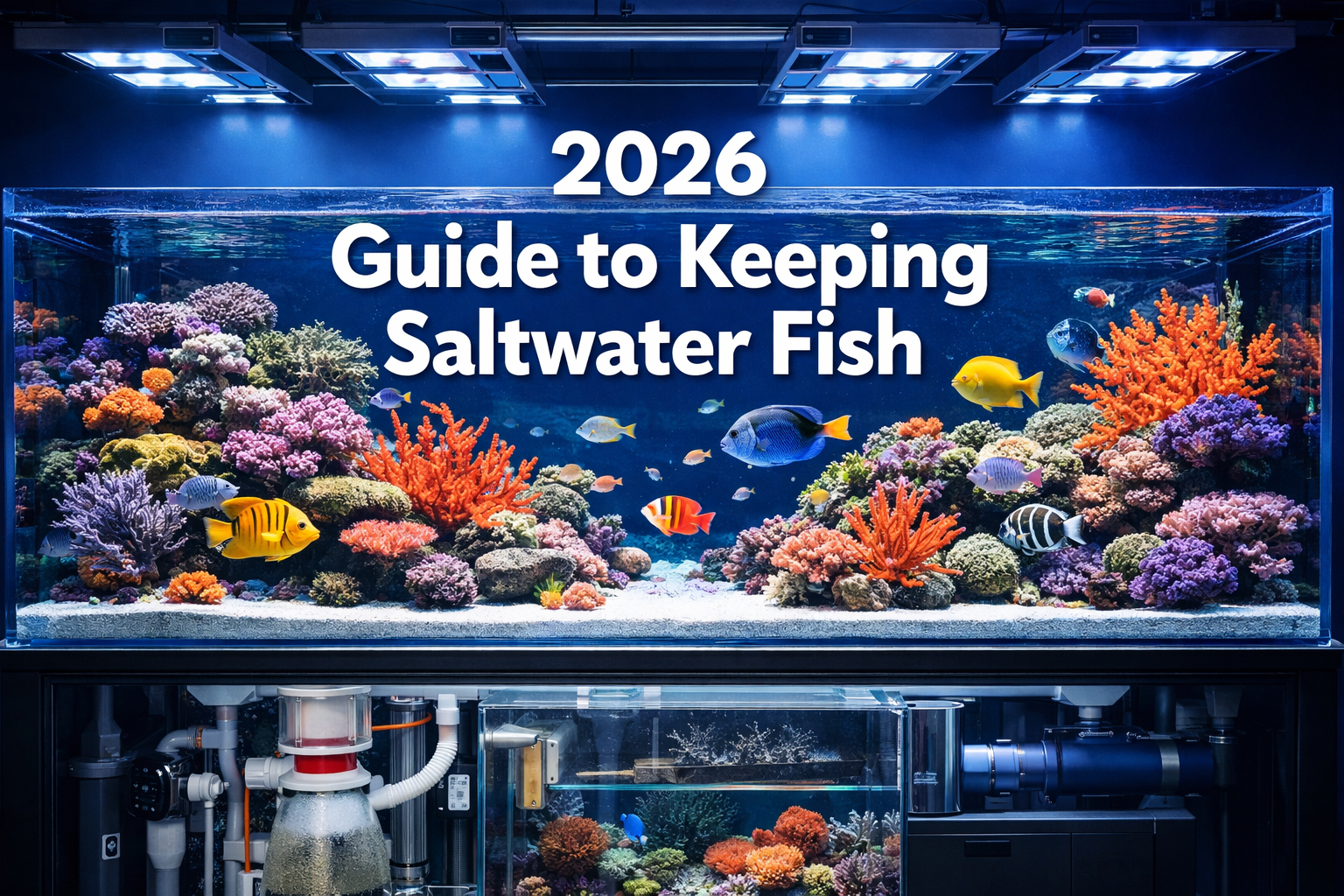 Professional landscape hero image (1536x1024) featuring bold text overlay '2026 Guide to Keeping Saltwater Fish' in extra large 72pt white s