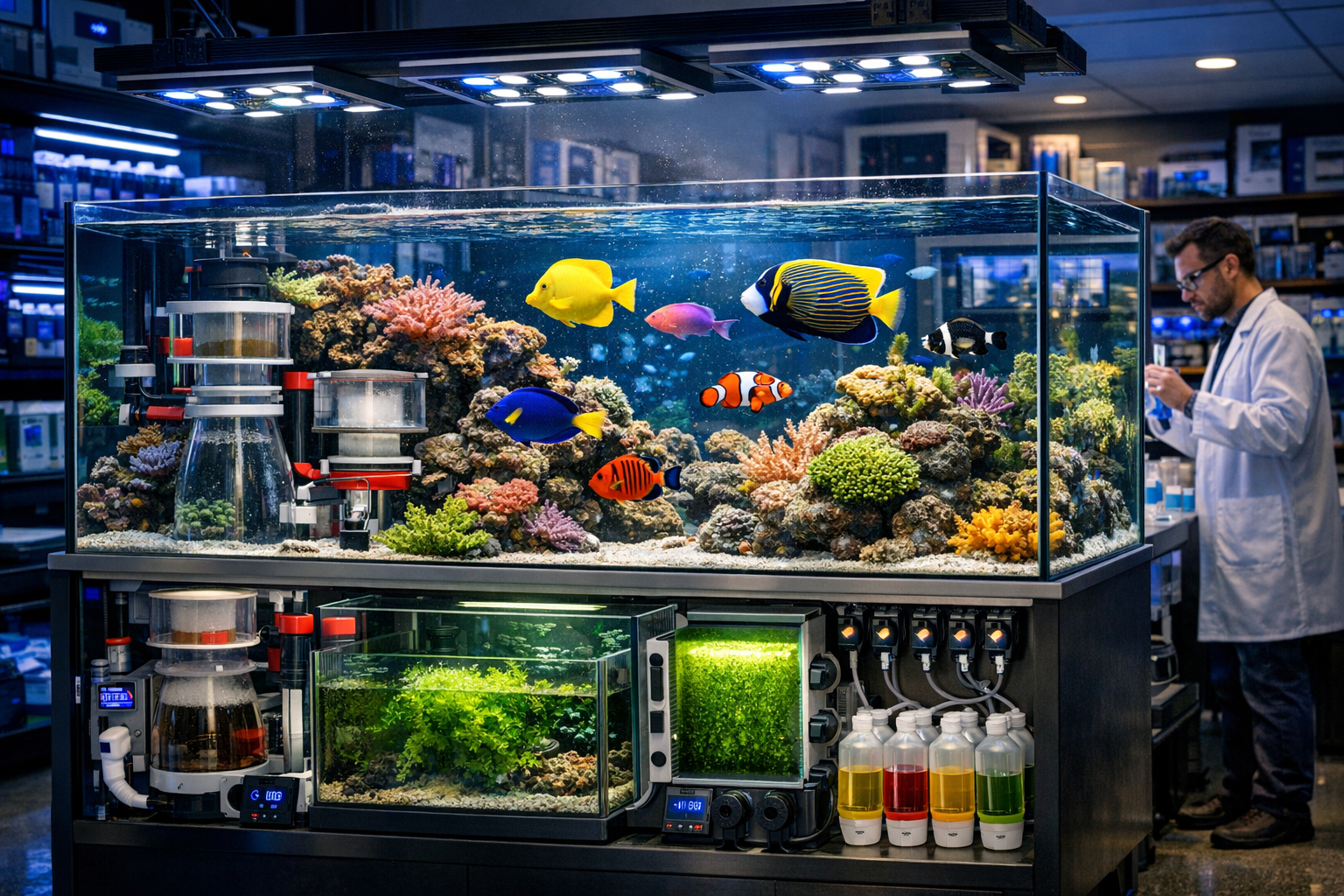 Detailed landscape image (1536x1024) showing modern saltwater aquarium setup with advanced 2026 filtration systems including protein skimmer