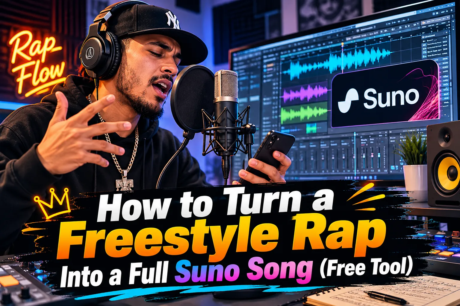 Professional landscape hero image () with a reading "How to Turn a Freestyle Rap Into a Fullβ¦". CRITICAL TYPOGRAPHY RULES: