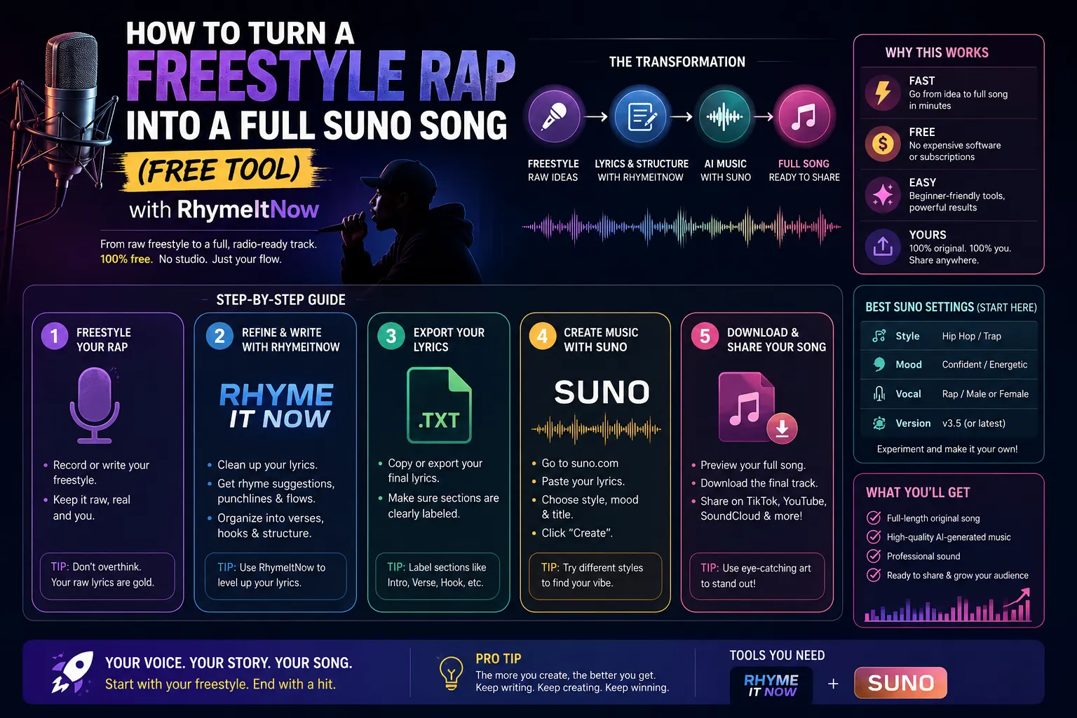 How to Turn a Freestyle Rap Into a Full Suno Song (Free Tool) with RhymeItNow