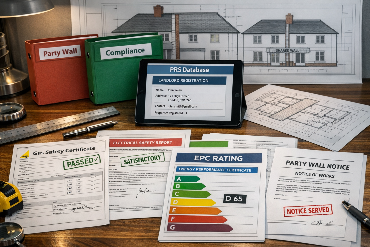 Detailed () image showing close-up view of professional surveyor's desk with multiple compliance documents spread out