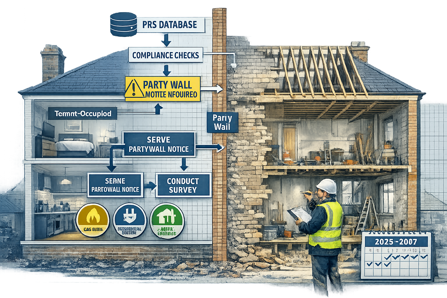Wide-angle () image depicting cross-section architectural illustration of Victorian terraced rental property showing party