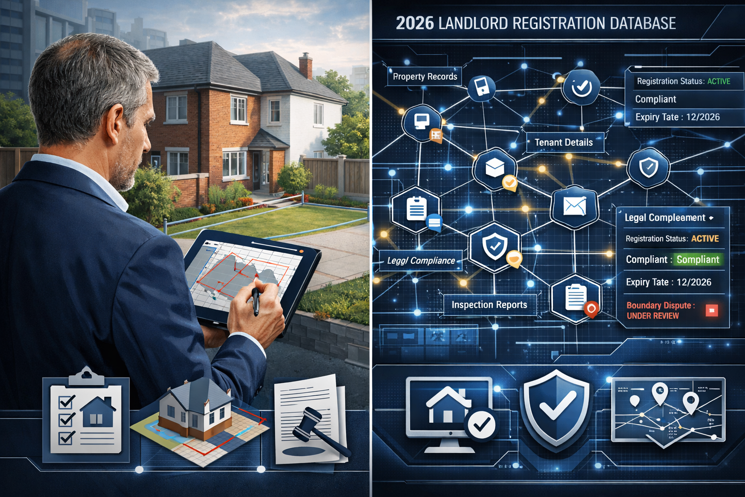A detailed architectural visualization showing a split-screen technical diagram representing Party Wall surveyor