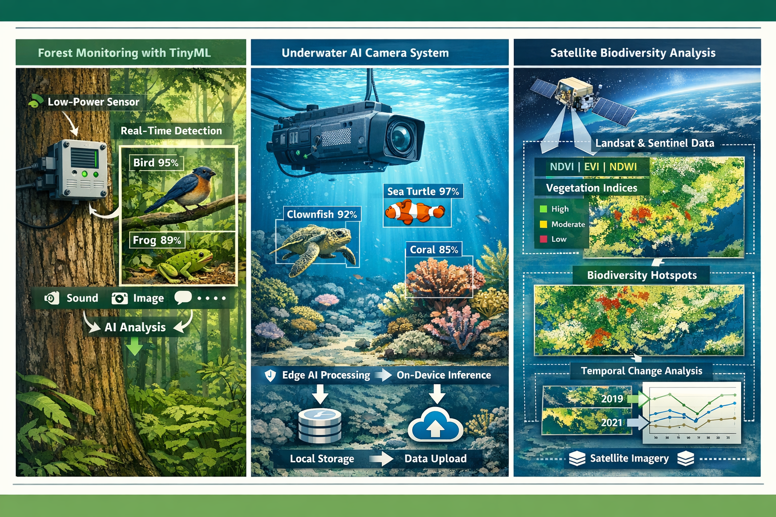 () detailed illustration showing three-panel comparison of AI-powered biodiversity monitoring tools in action: left panel