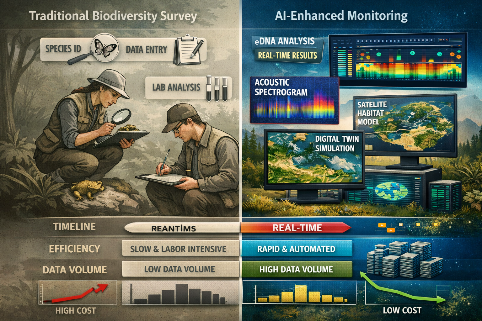() side-by-side comparison visualization showing traditional biodiversity survey methods versus AI-enhanced predictive