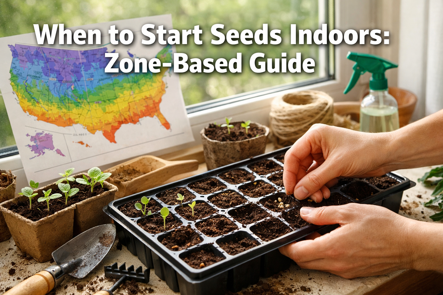 Professional landscape format (1536x1024) hero image with bold text overlay 'When to Start Seeds Indoors: Zone-Based Guide' in extra large 7