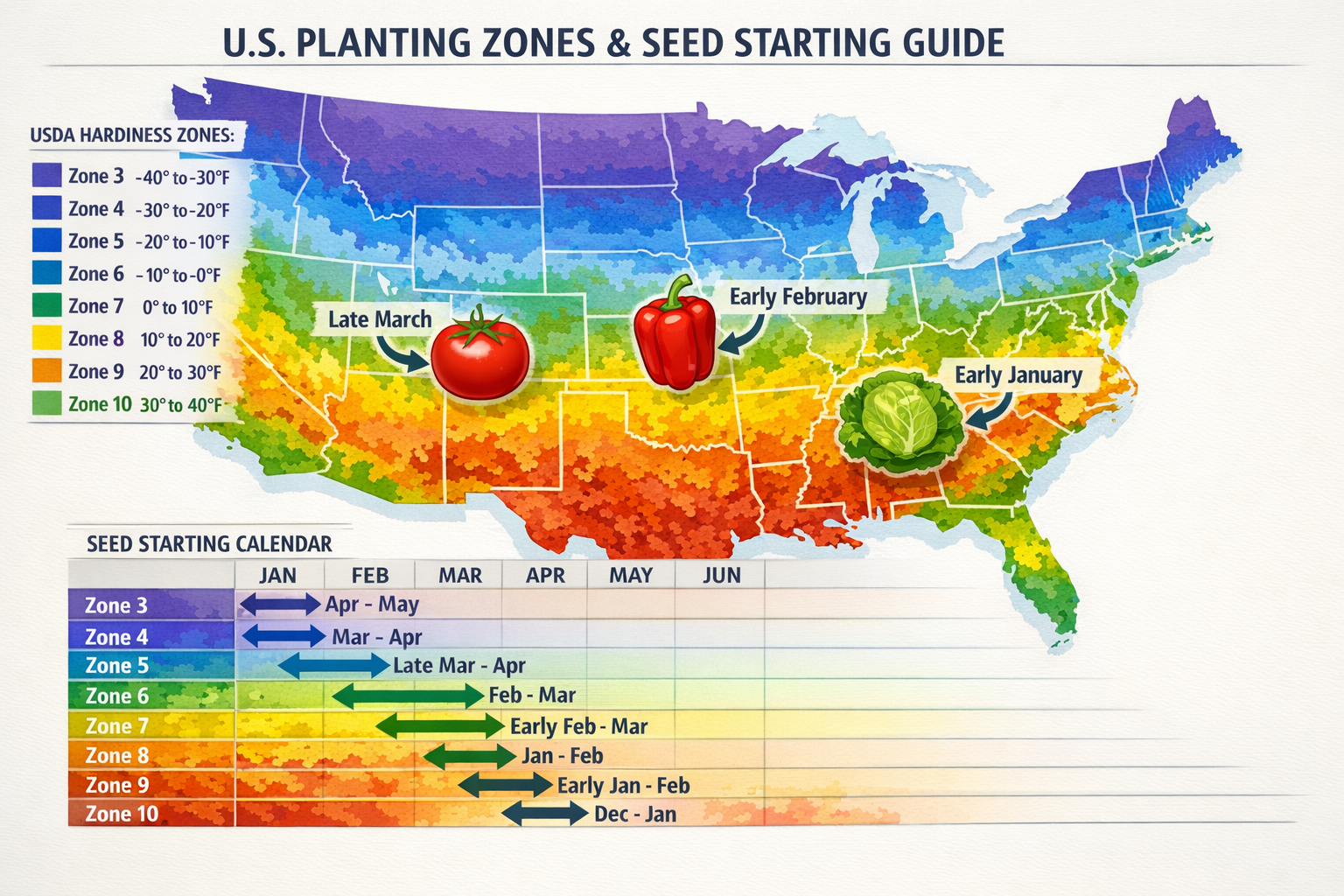 Landscape format (1536x1024) detailed illustration showing USDA hardiness zone map of United States with color-coded regions (zones 3-10), o