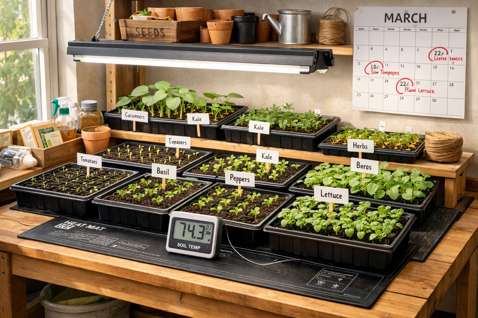 Landscape format (1536x1024) organized seed starting station setup showing multiple seed trays with different vegetables at various growth s