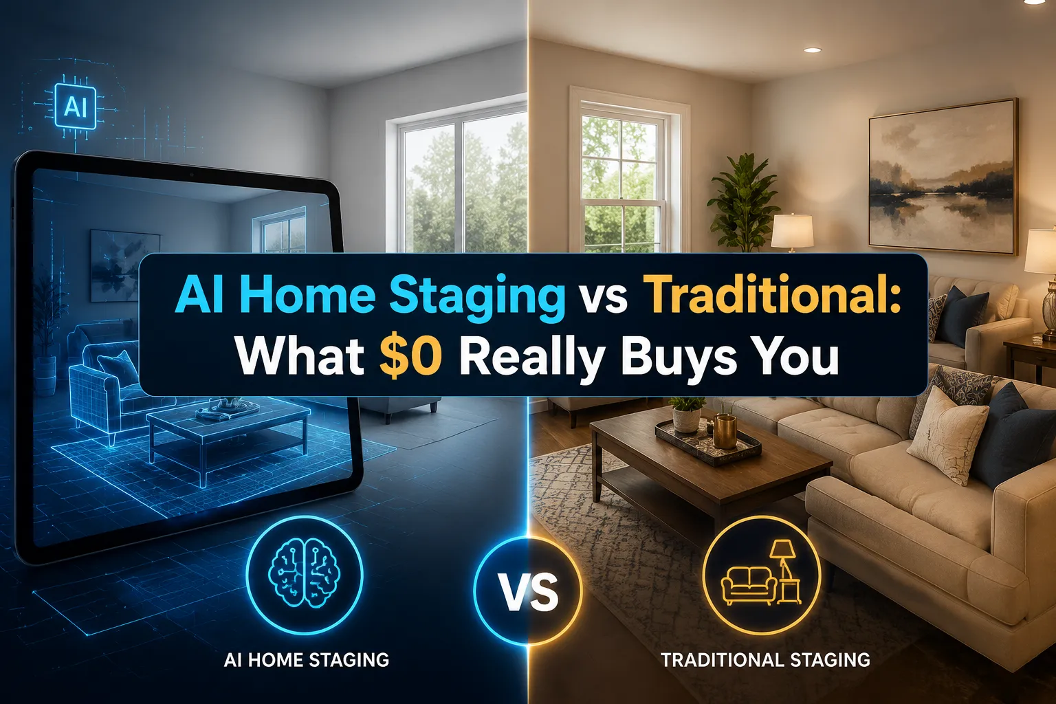 A reading "AI Home Staging vs Traditional: What $0…". CRITICAL TYPOGRAPHY RULES: render the text on 1–2 lines, centered,