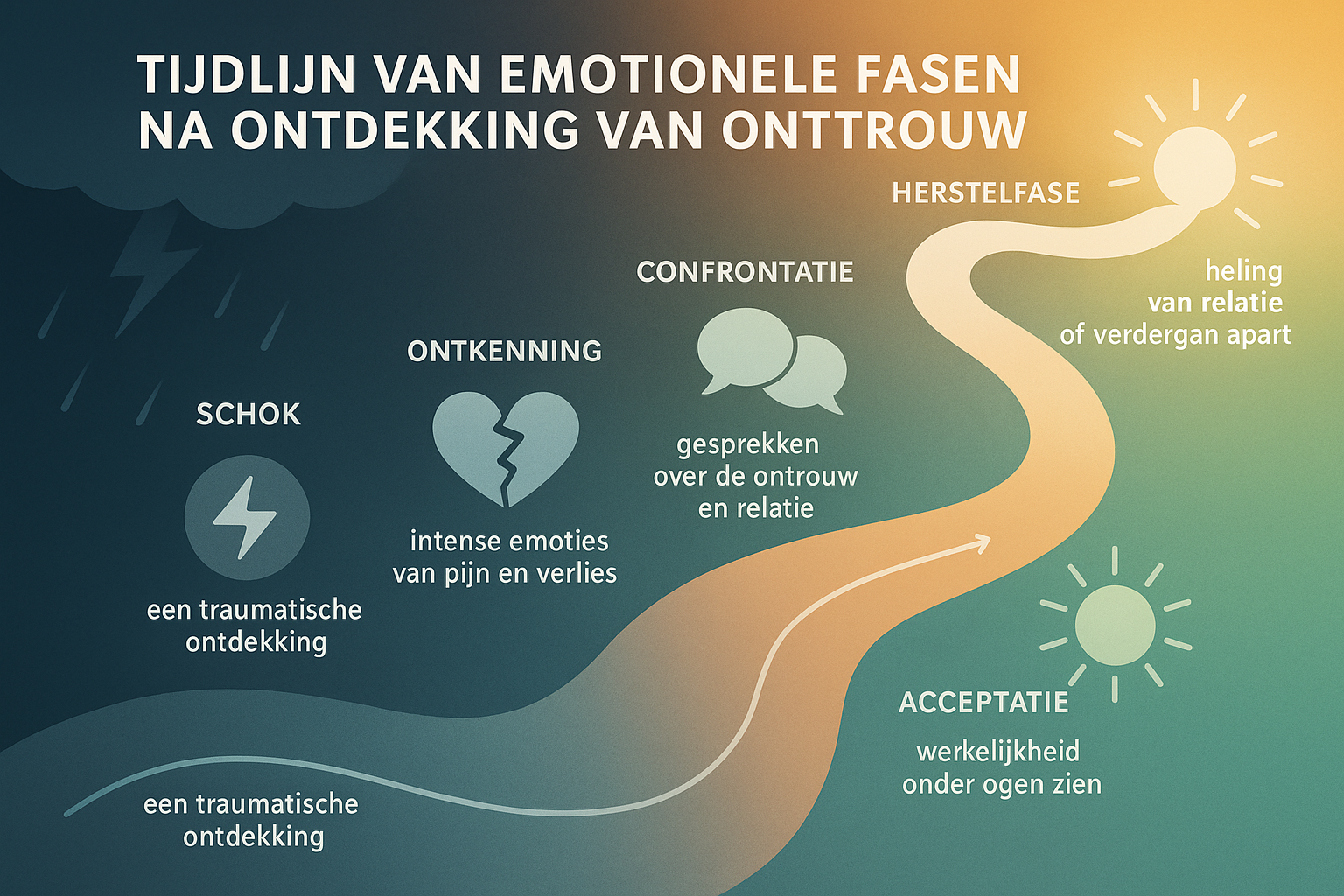 Detailed infographic illustration (1536x1024) showing timeline of emotional phases after discovering infidelity, featuring curved pathway wi