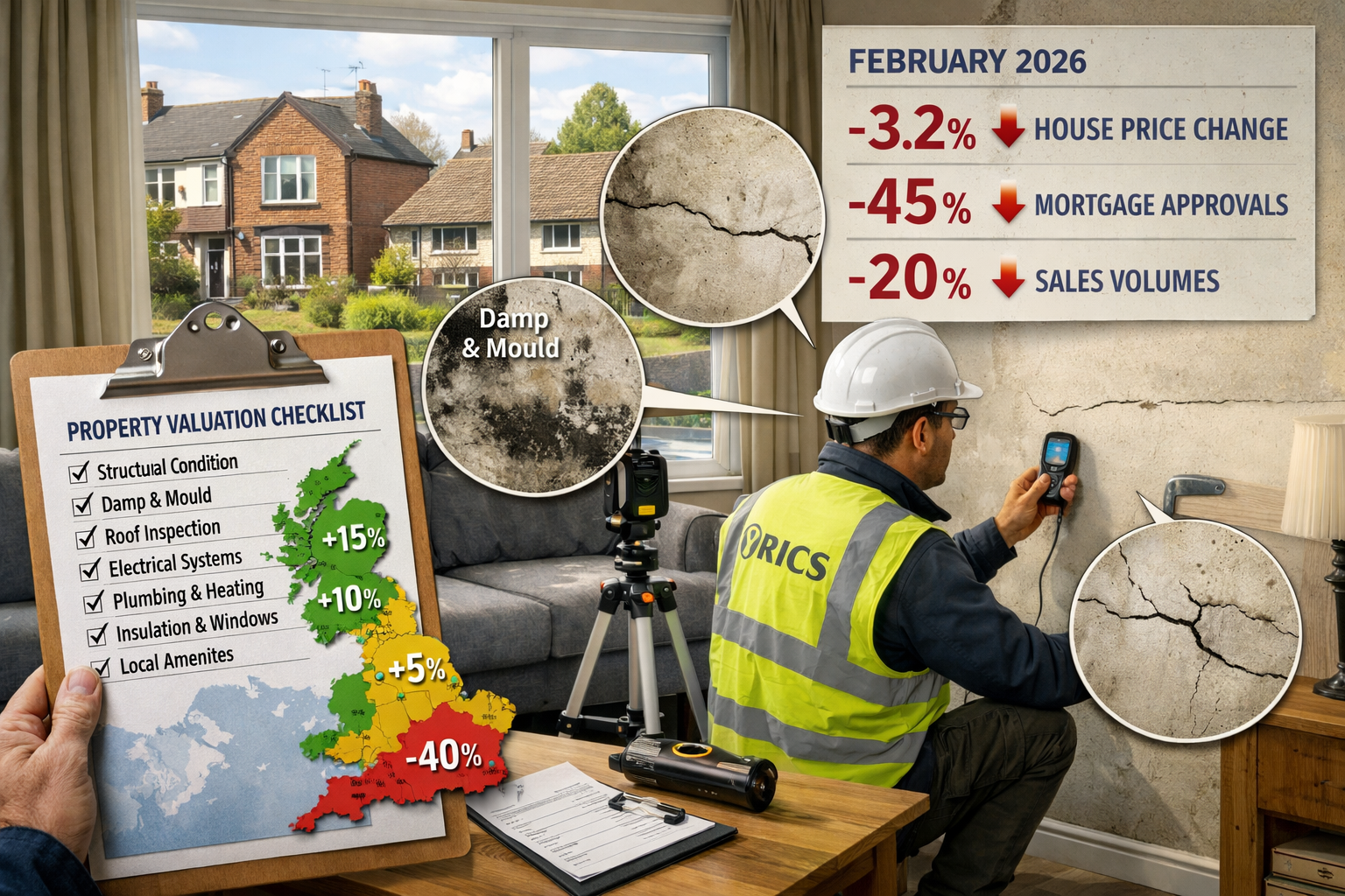 Detailed () illustration showing RICS surveyor conducting detailed property inspection inside residential living room with